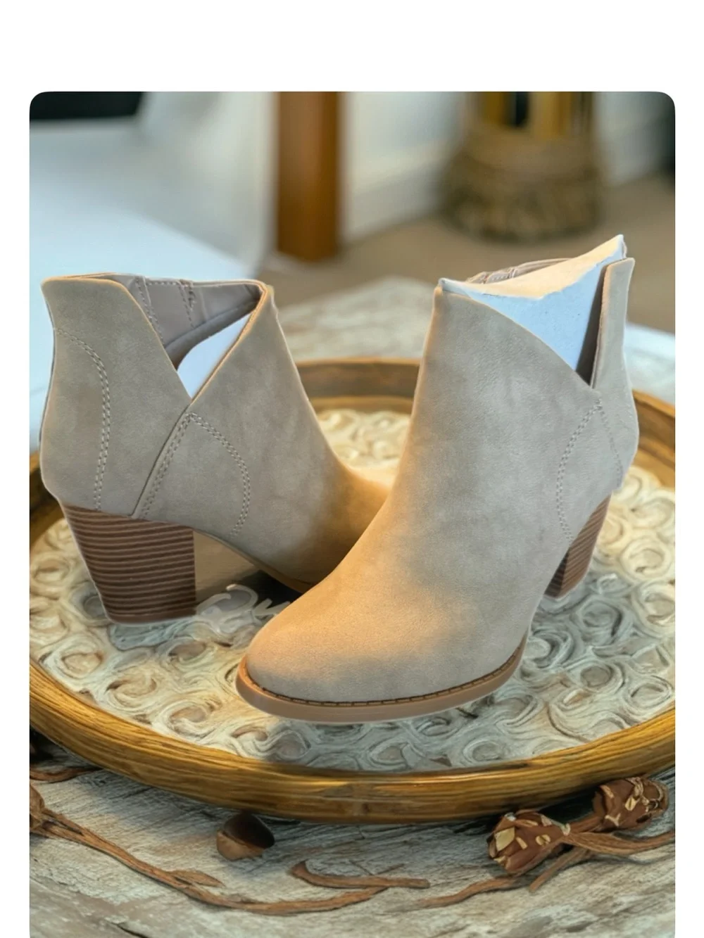 Qupid Taupe Suede-Look Ankle Booties with Stacked Heel - Picture 1 of 5